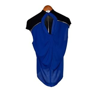Womens Size XL Sleeveless Blue Black Twisted Neck Zip Detail Sheer Overlay Top